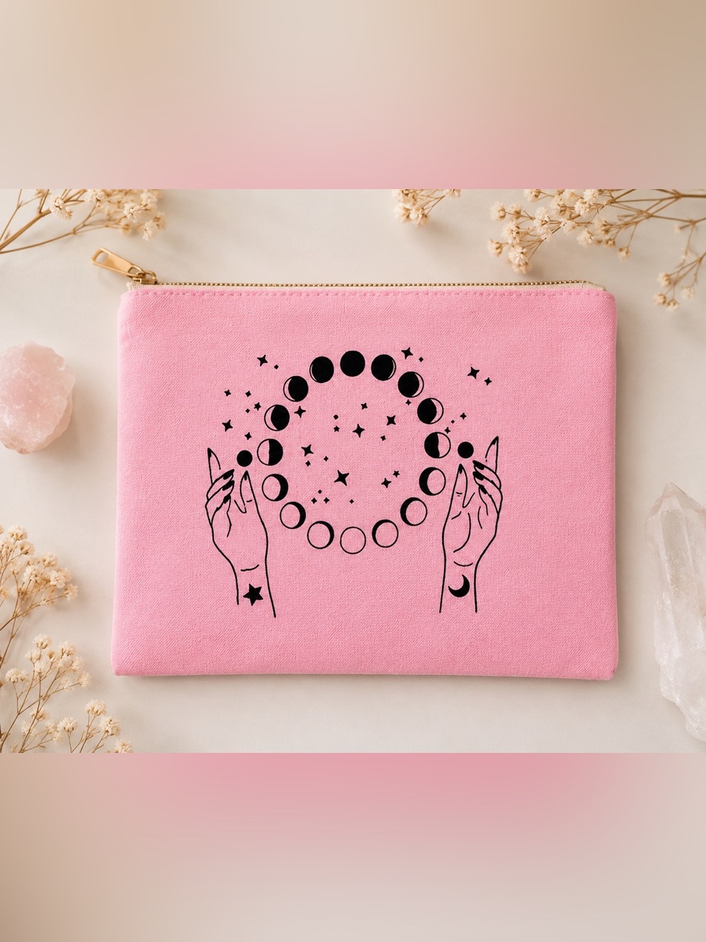 Pink Celestial Moon Phase Pouch – 9” × 7”